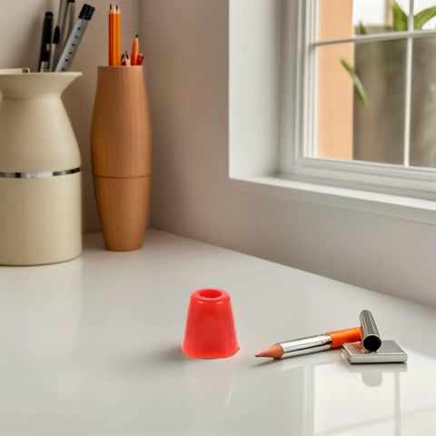 Desktop with red pencil eraser cap, orange pencil, and pen holder near window, not the Two Pack Replacement Nut Set.