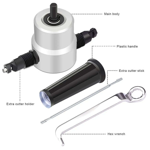 Beast Mode Pro Grade Double Head Sheet Metal Nibbler Cutter Drill Attachment components with 360 Degree Adjustable Head and wrench