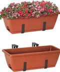 Kick It Up A Notch On Your Deck With These Sturdy Railing Planter Boxes showing deep red planter with flowers and metal brackets.