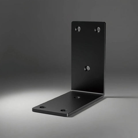 Black metal L bracket, part of 8 Pack Heavy Duty 4x4 Inch 90 Degree Metal Corner Brackets For Shelves And Cabinets, shown on gray background.