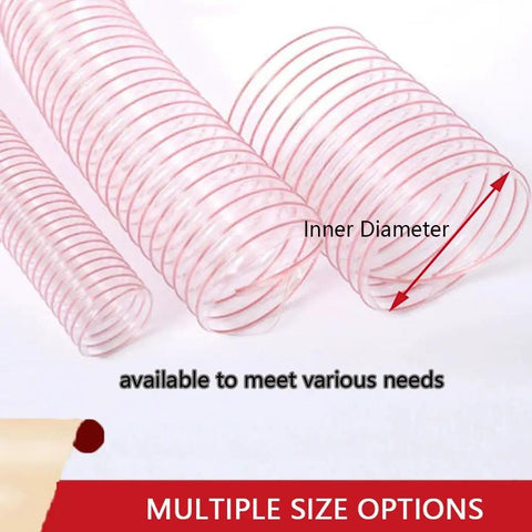 Heavy Duty Flexible Clear Dust Collection Hose Tough As Nails Shop Vacuum Attachment in various sizes with red stripe design.