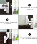 Kid Proof Door Lock For Cabinets And Refrigerators Easy To Use White Plastic Lever Lock That Keeps Curious Little Ones From Opening Cabinets Drawers Windows And More, shown on a dark wooden door.