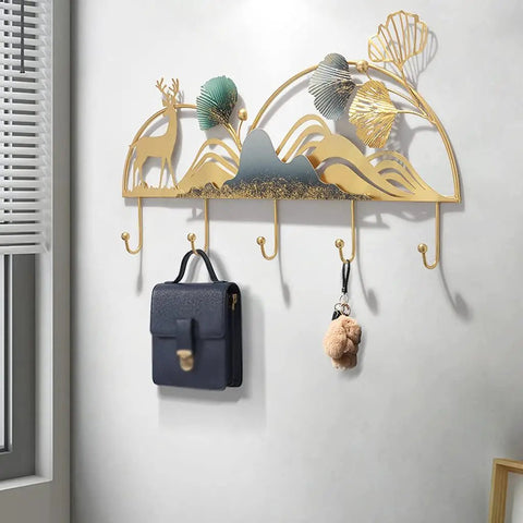 Modern Wall Mounted Coat Rack Featuring Five Sturdy Metal Hooks To Level Up Your Daily Routine And Bring A Tight Organized Lineup To Any Hallway Bedroom Or Living Room Space, golden decorative design.