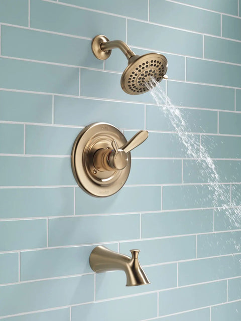 Lahara 17 Series Dual-Function Tub And Shower Trim Kit With 5-Spray Touch-Clean Shower Head In Stainless Steel, wall view