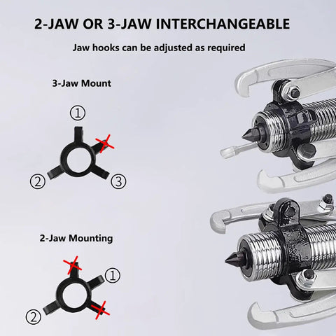 Beefy Hydraulic Gear Puller With Hand Pump, 5 10 15 20 30 50 Ton Options, 2 Or 3 Jaws diagram showing jaw configuration options.