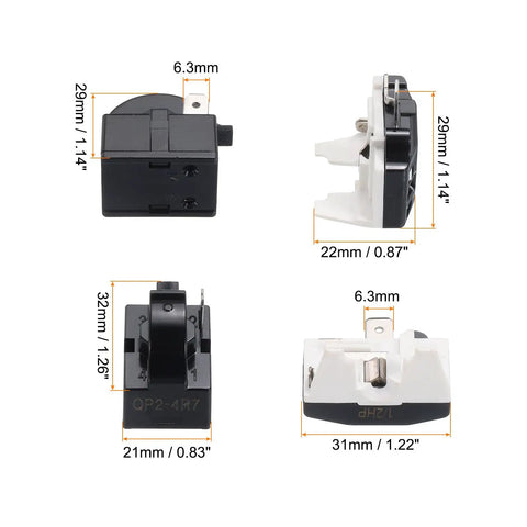 PTC Starter Relay for Refrigerators, 1-pin, 4.7 ohm, 1/2 HP, showing dimensions 31mm x 22mm x 29mm, black and white components.