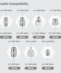 Diagram of Seven Piece Airbrush Adapter Kit With Multi Size Fittings Including 1/8 In, 1/4 In And M5 BSP Threads, metal couplings