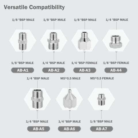 Diagram of Seven Piece Airbrush Adapter Kit With Multi Size Fittings Including 1/8 In, 1/4 In And M5 BSP Threads, metal couplings