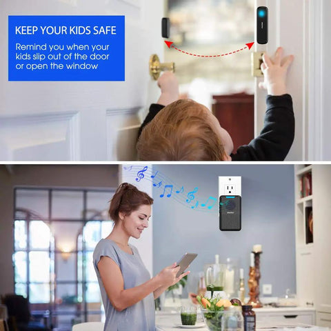 Child demonstrating Wide Range Dope Wireless Door Chime System with 600 Ft Coverage, showing sensor and receiver setup.