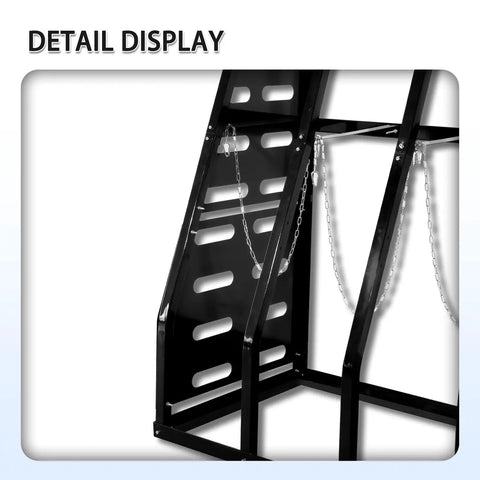 Detail view of Heavy Duty Vertical Parts Storage Rack For Pipes And Lumber showing chains and sturdy black coated steel design.