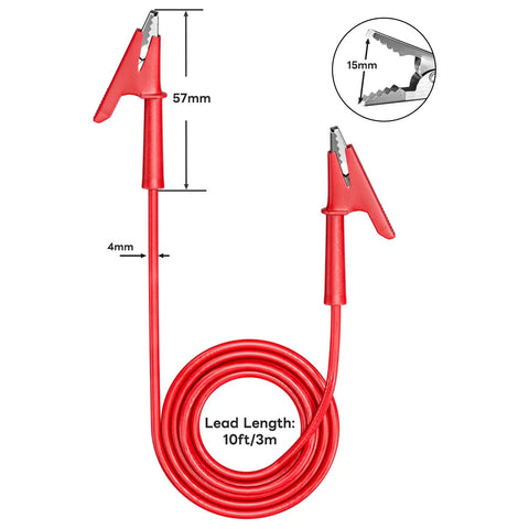 5 Pack Alligator Clip Test Leads Dual Ended Crocodile Clips With Insulated Flexible Copper Wires For Electrical Testing 10ft (3m) Length 1000V 15A Durable Rubber Insulation Pro Grade showing red lead and clip dimensions.