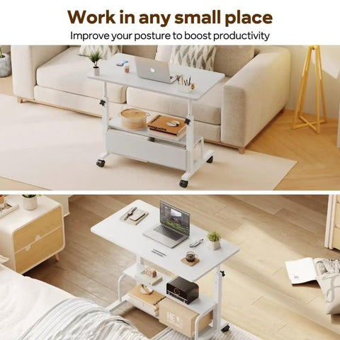 Height Adjustable Ergonomic Rolling Computer Desk With Storage Shelves Waterproof Portable Study Table in compact living spaces.