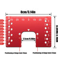Magnetic Aluminum Cabinet Hinge Repair Plate Kit With Precise Drill Depth For Accurate Door Fix Lightweight DIY Bracket red measuring template with dimensions and hinge hole positions.