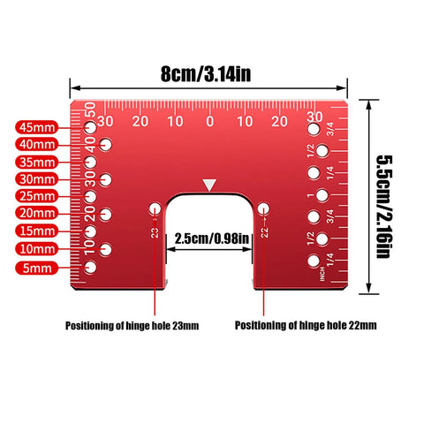 Magnetic Aluminum Cabinet Hinge Repair Plate Kit With Precise Drill Depth For Accurate Door Fix Lightweight DIY Bracket red measuring template with dimensions and hinge hole positions.