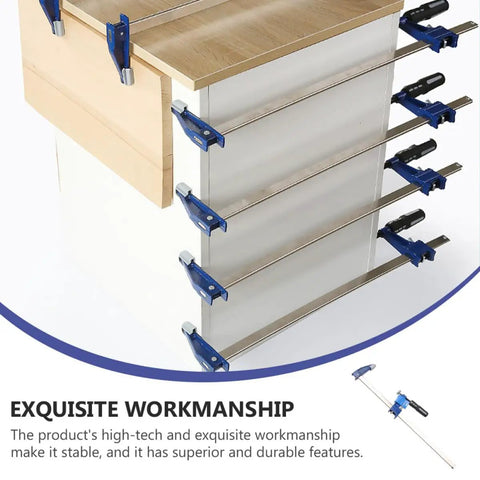 Heavy-Duty 6-Inch F Clamp For Woodworking Blue Clip in use for holding wooden boards securely in furniture making project.