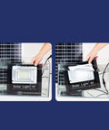 JUDYSSY Waterproof Solar Led Street Lamp, Solar Patio Lights Dusk to Dawn being tested in water, showcasing waterproof feature.