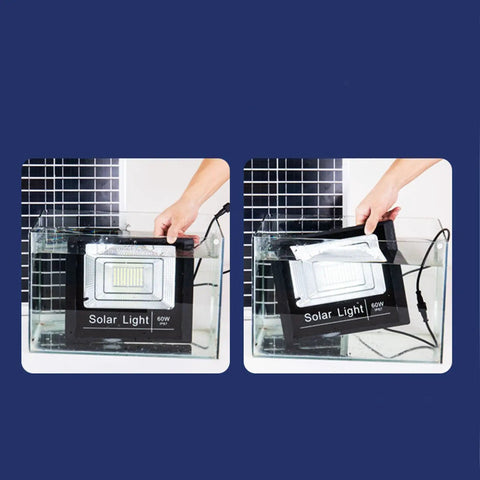 JUDYSSY Waterproof Solar Led Street Lamp, Solar Patio Lights Dusk to Dawn being tested in water, showcasing waterproof feature.