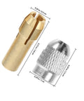 Pro Grade Quick Change Drill Chuck Reducer Adapter For Cordless rotary Tools showing copper and stainless steel collet