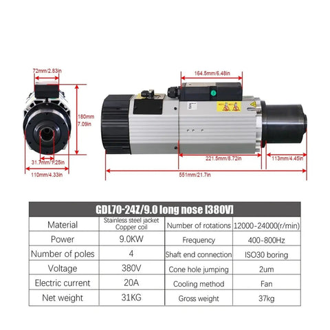 Pro Grade 9Kw Automatic Tool Change Spindle Motor For Woodworking Cnc Routers 24000Rpm Iso30 Air Cooled 220V 380V 800Khz Drives No Fluff Beast dimensions and specifications