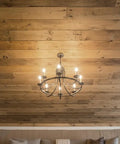 Top Shelf Saddlewood Reactive Interior Wood Stain Water Based VOC Free Blend used on rustic wood ceiling with chandelier lighting.