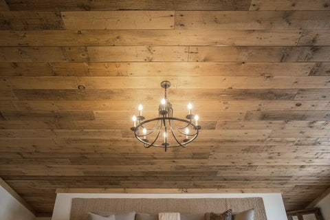 Top Shelf Saddlewood Reactive Interior Wood Stain Water Based VOC Free Blend used on rustic wood ceiling with chandelier lighting.