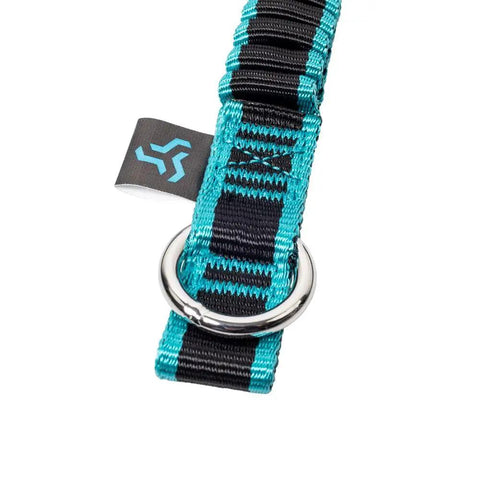 Close-up of Quick Cinch Chainsaw Lanyard with turquoise and black weaving and metal ring attachment.