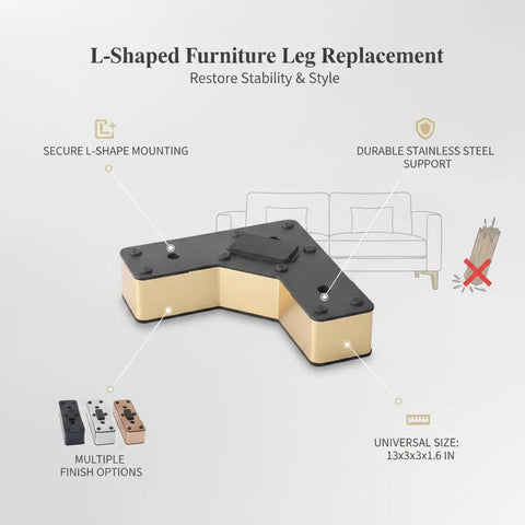 L Shaped Stainless Steel Furniture Leg Replacement Support for Sofa Bed Frame and Cabinet Repair 13x3.3x1.6 Inches