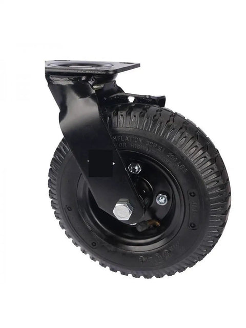 Heavy Duty Eight Inch Pneumatic Rubber Wheel With Integrated Side Brake Universal Air Cart Caster showing black tire and mounting plate.