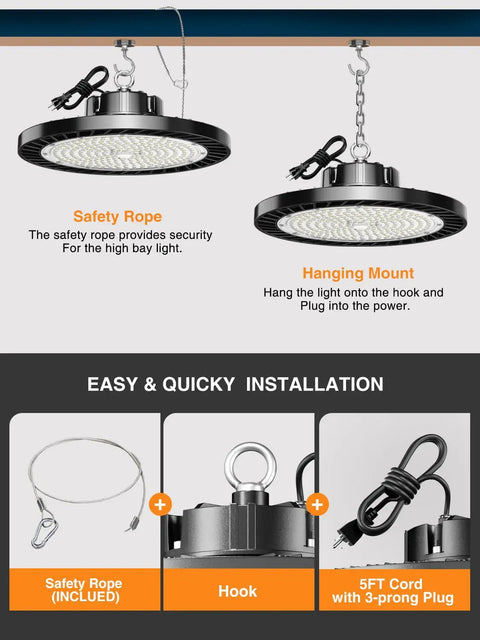 UFO LED High Bay Light 150W Daylight 5000K 22500LM 12 Pack Plug And Play Shop Lighting installation process shown