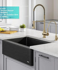 Kitchen Water Filter Faucet in Brushed Gold installed on countertop with black sink, showcasing 100 Percent Lead-Free Brass Body.