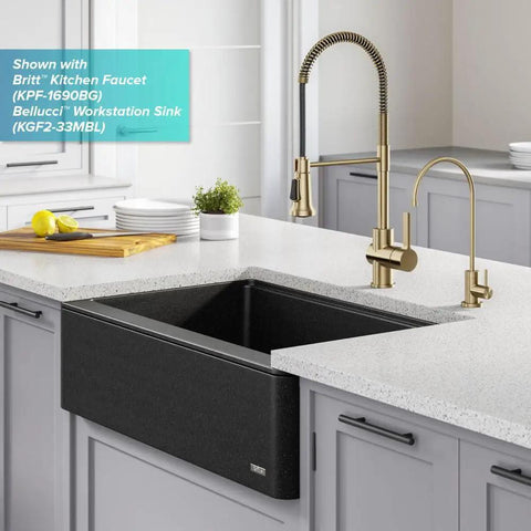 Kitchen Water Filter Faucet in Brushed Gold installed on countertop with black sink, showcasing 100 Percent Lead-Free Brass Body.