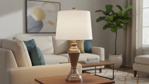 White Linen Empire Lamp Shade With Brass Spider Fitter Transitional Style 14 Inch Top 16 Inch Bottom 12 Inch Slant Height Harp Attachment Ready For Harp Lamps on a table in a living room
