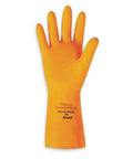 Orange Heavyweight Latex Glove Size 10 For Lab Work And Medical Use, single ambidextrous glove on white background, durable latex material.