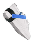 Adjustable One Size Fits All Anti Static 1M Ohm ESD Reusable Foot Heel Straps on white shoe with reversible cup design in blue