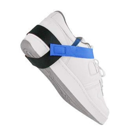 Adjustable One Size Fits All Anti Static 1M Ohm ESD Reusable Foot Heel Straps on white shoe with reversible cup design in blue