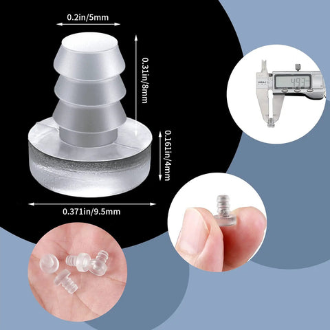 Forty Pack Clear Glass Table Bumper Pads With Five Millimeter Stem For Furniture And Cabinet Setup Top Shelf Soft Cushioning Total anti-slip spacer and dimensions 5mm stem and 9.5mm top.