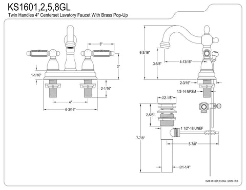 Technical diagram of Heritage Centerset Lavatory Faucet In Polished Brass With Brass Pop Up Drain Solid Brass Construction