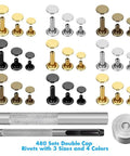 Leather Rivet Kit With 480 Sets In 3 Sizes And 4 Colors, Double Cap Tubular Metal Rivets Plus 3 Setting Tools For Easy Leather Craft