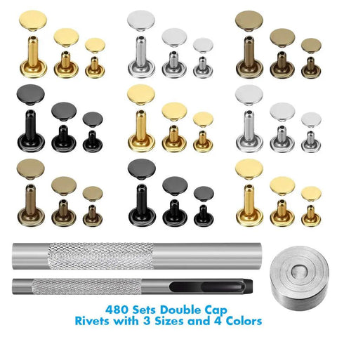 Leather Rivet Kit With 480 Sets In 3 Sizes And 4 Colors, Double Cap Tubular Metal Rivets Plus 3 Setting Tools For Easy Leather Craft