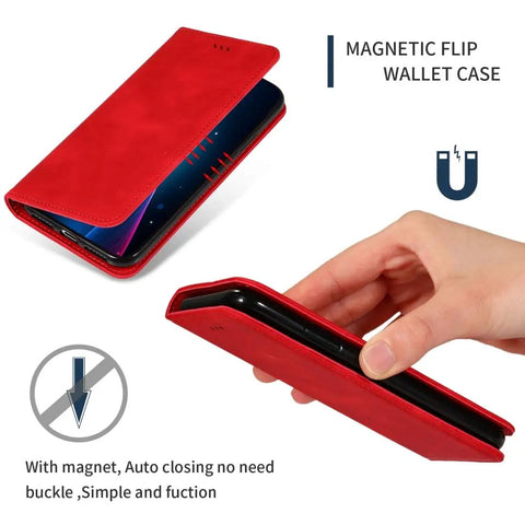 Red magnetic flip wallet case with auto-closing, showing phone inserted and hand holding case