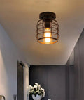 Industrial Vintage Flush Mount Ceiling Light with Metal Cage Pendant in hallway, black finish, E26 base, UL listed, bulb not included