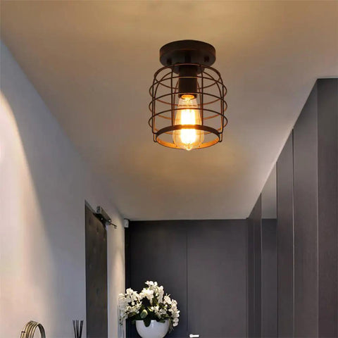 Industrial Vintage Flush Mount Ceiling Light with Metal Cage Pendant in hallway, black finish, E26 base, UL listed, bulb not included