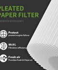 Close-up of pleated paper air filter highlighting benefits, part of Air Filter Cover And Filter Replacement Kit For Lawn Mower Engines Fits 093J02 09P700 103M02 104M02 650EXI 675EXI 675 IS Durable Easy Install Keeps Dirt Out And Engine Running Smooth.