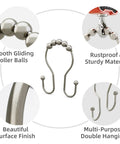 Rustproof Brushed Nickel Shower Curtain Hooks Set With Double Glide Design featuring roller balls and multi-purpose hanging