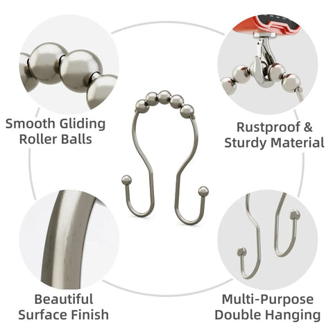 Rustproof Brushed Nickel Shower Curtain Hooks Set With Double Glide Design featuring roller balls and multi-purpose hanging