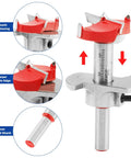 35mm Forstner Bit And Concealed Hinge Jig Set 5 Piece Kit showing 3-tooth positioning and 8mm round shank for precision boring.