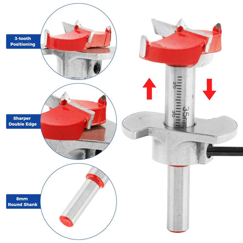 35mm Forstner Bit And Concealed Hinge Jig Set 5 Piece Kit showing 3-tooth positioning and 8mm round shank for precision boring.