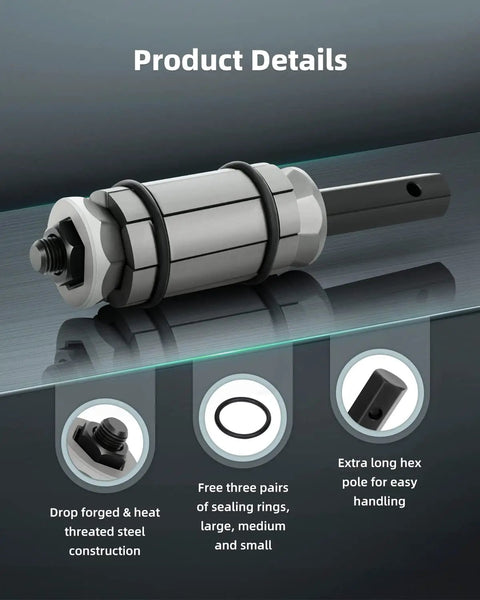 3-Piece Pipe Expander Tool Set 1/8 To 3-1/2 Inch Capacity Tail Pipe Expander And Muffler Spreader shown with sealing rings and hex pole