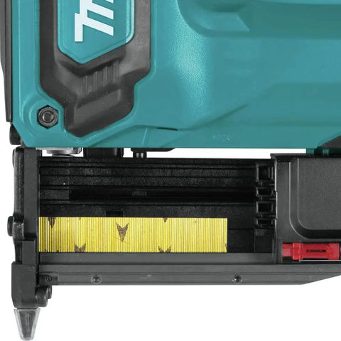 Close-up of 18V LXT Lithium Ion Cordless 23 Gauge Pin Nailer Tool Only Renewed showing loading mechanism and yellow pin gauge.