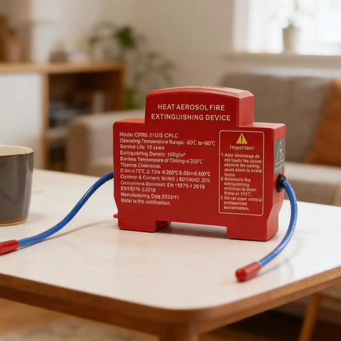 Built Like A Tank Automatic Fire Extinguisher With Dual Nozzles And Advanced Heat Aerosol Technology Featuring Smart Temp Sensing on a tabletop.